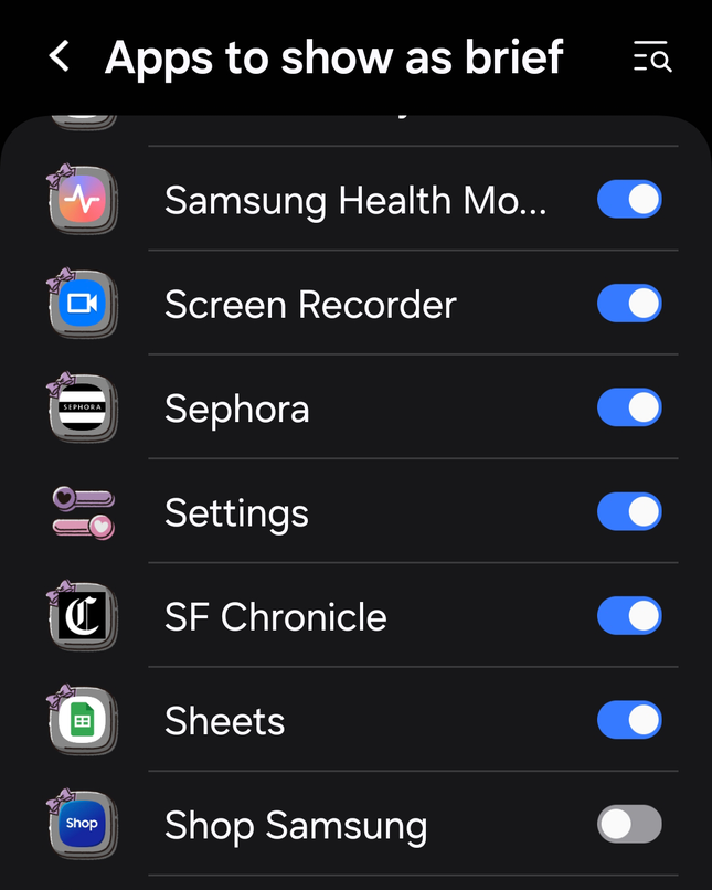 لقطة شاشة لشاشة التطبيقات لإيقاف الميزة